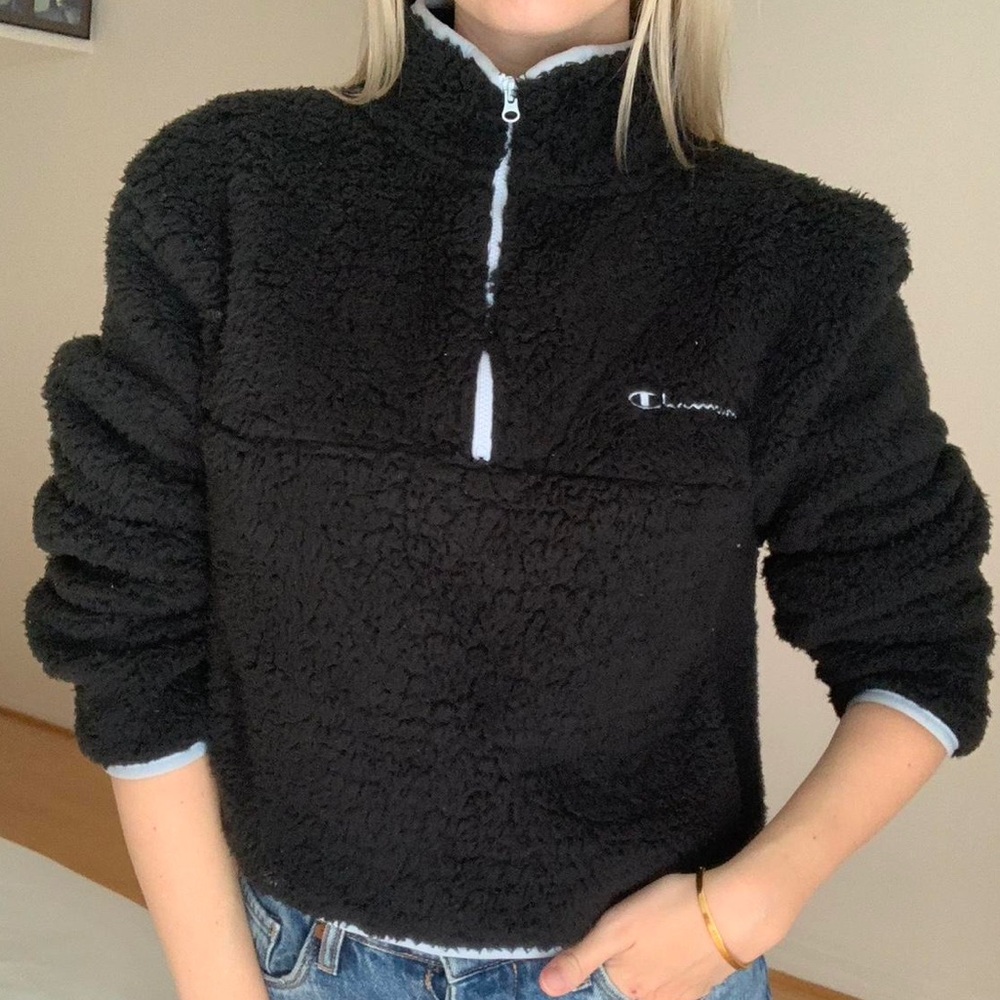 Champion Women’s Black Sherpa‎ Fleece Quarter Zip Pullover Sweater Size XL